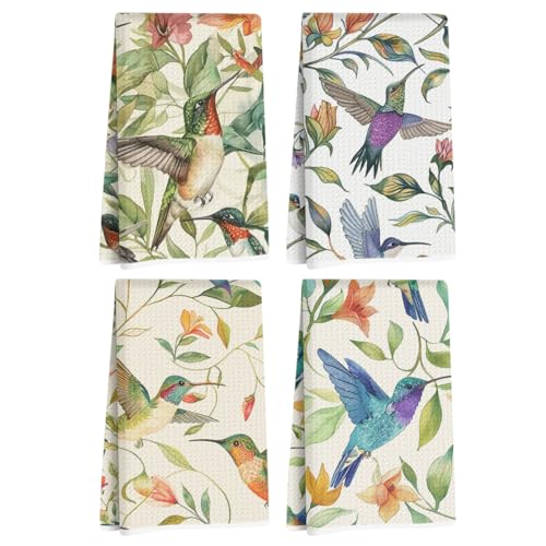 Image of 4Pcs Vibrant Watercolor Hummingbird Kitchen Towels, Artistic Floral Decorative Absorbent Microfiber Dish Cloth Tea Towel, Waffle Hand Towels for Farmhouse Home Bathroom, Bird Lover Gifts
