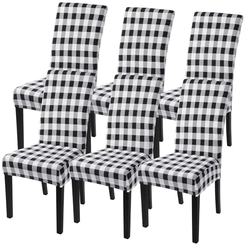Image of SearchI Printed Dining Room Chair Covers Set of 6, Stretch Kitchen Chair Covers Washable Parsons Chair Slipcover Removable Dining Chair Protectors for Hotel,Ceremony(Black /White Plaid)