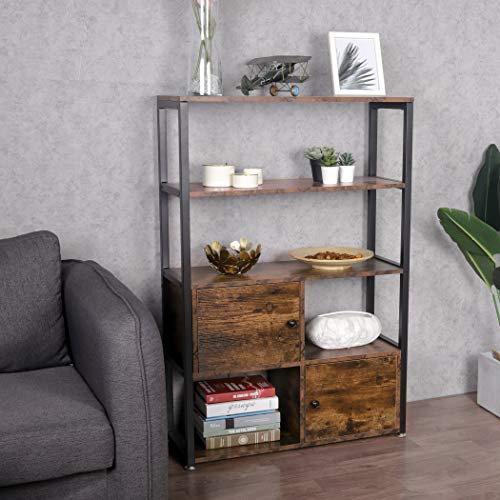 Becko US Bookshelf with 2 Cabinets Vintage Industrial Display Bookcase with Doors Storage Rack Shelves for Living Room Office Entryway Hallway (Rustic Brown)