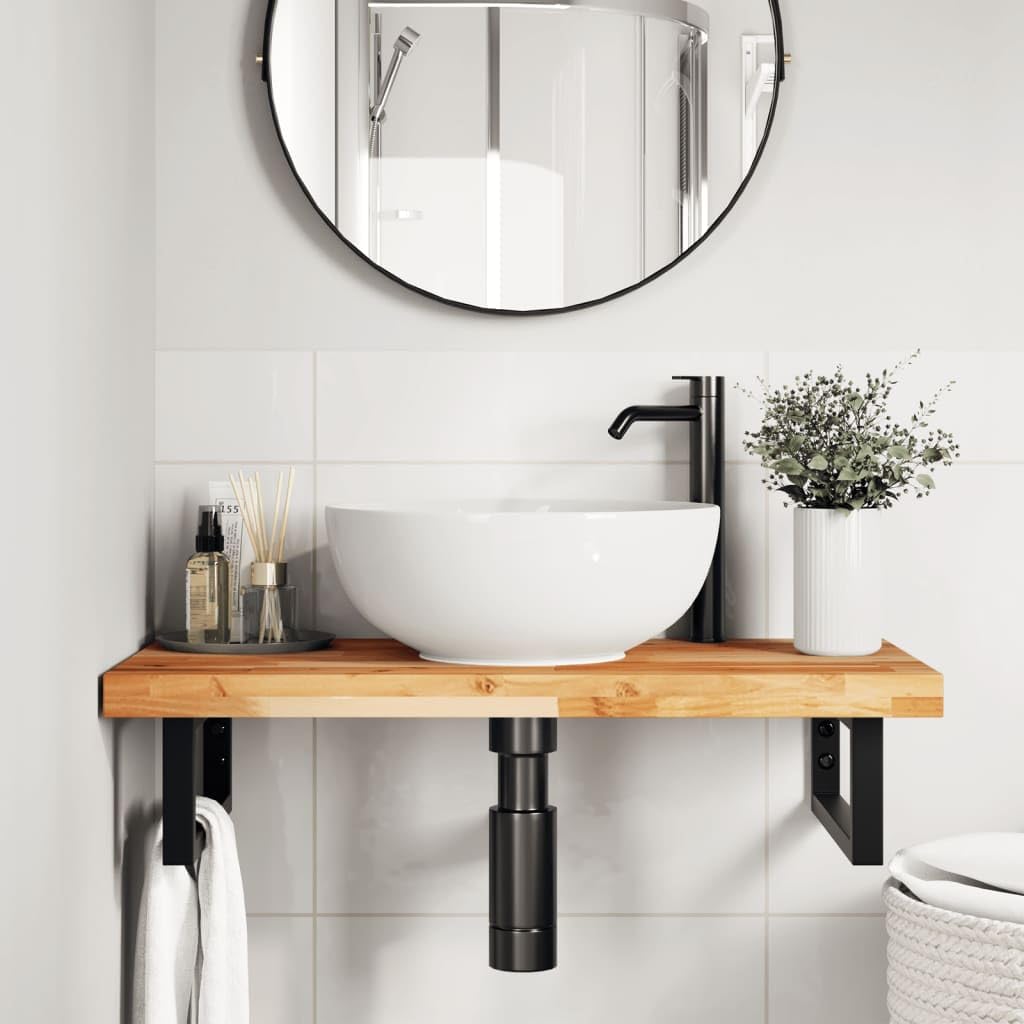 Estantería para lavabo de pared de acero y madera de acacia, 60 x 40 cm, 2 soportes, ahorra espacio, resistente, versátil para baño y lavabo