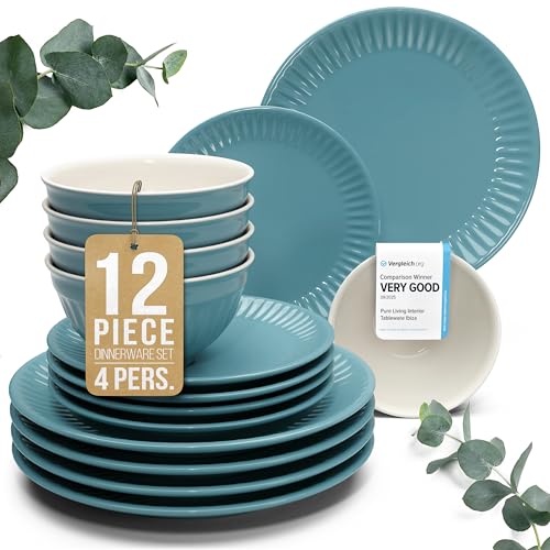 Image of Stoneware Dinnerware Set for 4 People HYGGE 12-Piece - Elegant Scandi Design - Premium Dish Set - Bowl and Plate Set - Tableware for 4 People in a Ribbed Design - Pure Living in Green