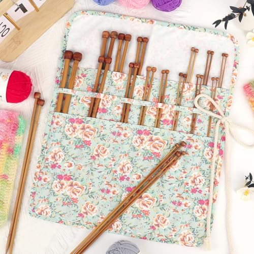 Image of Aeelike 18 Pairs Bamboo Knitting Needles Set - 14 Inches Wooden Knitting Needles Single Point with Flower Roll Bag - Portable Knittings Needle Set for Beginners (2mm - 10mm)