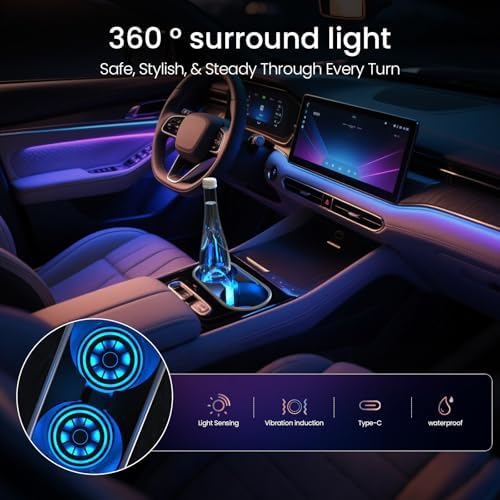 Image of LED Car Cup Holder Lights,7-Color Changing Cup Pad with Vibration Sensor, Rechargeable Car Cup Coasters, Cool Glowing Vehicle Interior Decor Accessories & Gifts for Car Lovers-2PCS