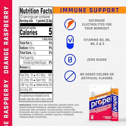 Propel Immune Support Electrolyte Enhanced Water Drink Mix Powder Packets, Orange Raspberry, 100% DV Vitamin C, Good source of Zinc, Zero Sugar Hydration with Electrolytes and Vitamins (120 Packets)