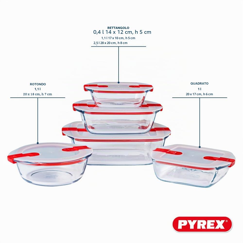 Pyrex® - Cook & Heat - Set di 5 piatti in vetro con coperchi ermetici, speciale forno a microonde, senza BPA