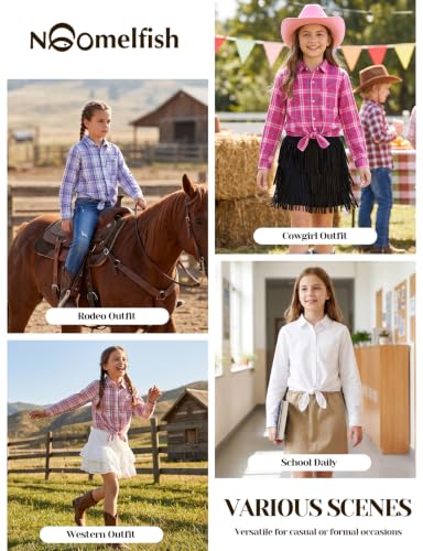 Image of Noomelfish Girls Long Sleeve Button Down Shirt Tie Front Western Tops Cowgirl Outfit (5-14 Years)