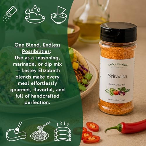 Image of Lesley Elizabeth Sriracha Seasoned Sea Salt - Spicy & Bold Sriracha Flavored Salt for Chicken, Beef, Pork, Seafood & Vegetables | Gourmet All-Purpose Cooking & Grill Seasoning