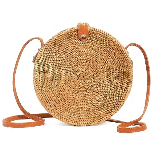 Image of Handwoven Round Rattan Purse Crossbody - Straw Basket Wicker Bag for Women - Circle Summer Handbag