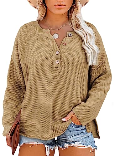 Image of Eytino Womens Plus Size Sweaters Casual Long Sleeve Loose V Neck Button Henley Tops Pullover Knit Jumpers,(1X-5X)