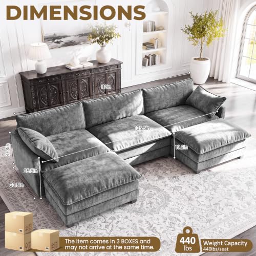Image of 112 inch U-Shape Modular Sofa with 2 Ottomans, Deep Seat Cloud Convertible Sleeper, 2 Arm Pillows, Cozy Upholstered Furniture for Living Room Apartment, Dark Grey