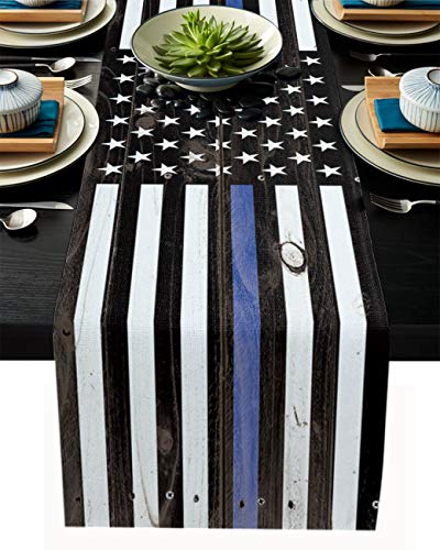 Thin Blue Line Rustic Table Runner-Cotton Linen-Long 90 inche Black American Police Flag Dresser Scarves,Tablerunner for Kitchen/Coffee/Dining,Gift for Law Enforcement,Home Décor Holiday Dinner Scarf