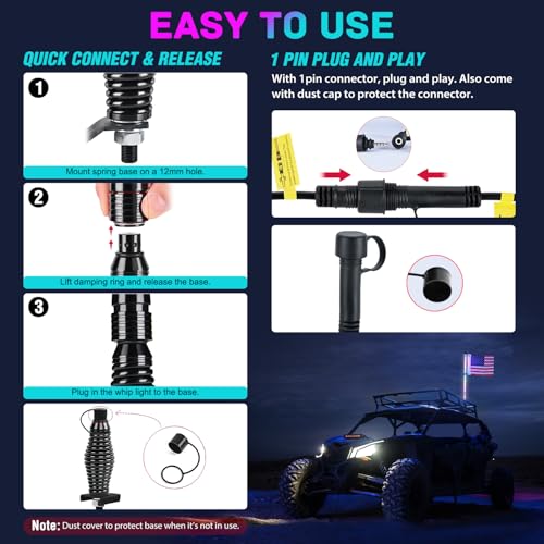 Image of Nilight LED Whip Light 1 PC 4FT COB RGB Spiral Lighted Antenna with Spring Base, Bluetooth App & Remote Control DIY Chasing Patterns & Music Sync Safety Whips for ATV UTV RZR Polaris Can-Am Truck