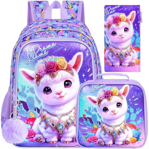 gxtvo 3PCS Alpaca Bookbag for Girls, 16" Kids Backpack with Lunch Box, Water Resistant Elementary School Bag for Preschool Toddler