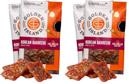 Image of Golden Island Korean BBQ Pork Jerky - (4 Pack) 9 oz Resealable Bag - Fire-Grilled Specialty Meat Snack - Sweet & Savory Protein Snack - 7g Protein per Serving - Made with 100% All-Natural Pork