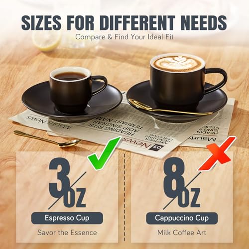 Image of Lareina 4 Ounce Espresso Cups with Saucers, Spoons and Metal Stand, Small Stackable Coffee Cups Set of 4, Ceramic Demitasse Cups for Nespresso Lungo, Double Espresso, Black