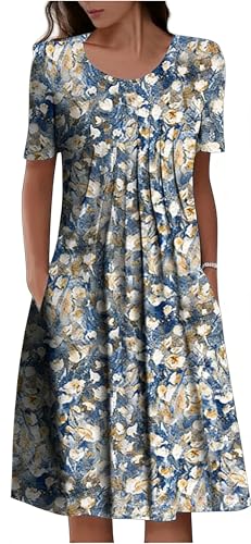 Image of Womens Summer Midi Dress 2026 Casual Short Sleeve A Line Dress with Pockets Evening Wedding Guest Work