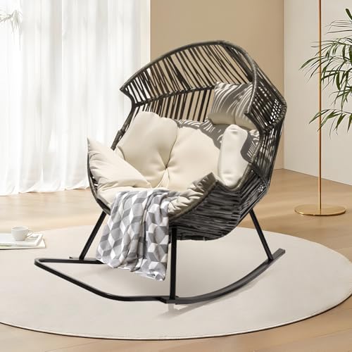 Fauteuil à Bascule pour l&rsquo;extérieur et l&rsquo;intérieur,Rocking Chair,Fauteuil Ouf Surdimensionné en Rotin PE Avec Coussin épais,Fauteuil Lounge Confortable,pour Salon,Terrasse,Balcon, Porche,Jardin