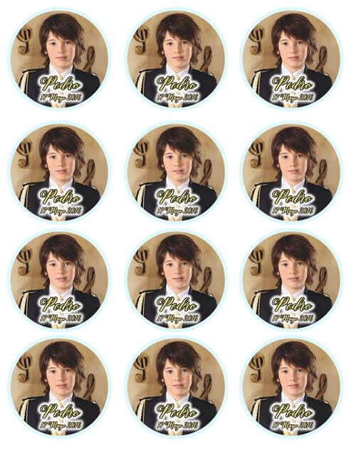 OBLEA COMUNION GALLETAS O CUPCAKES CON FOTO NIÑO, personalizada nombre y fecha. Medida redonda. Papel Comestible Decoracion Cumpleaños, Obleas Comestibles Redondo - Vegano y Sin Gluten