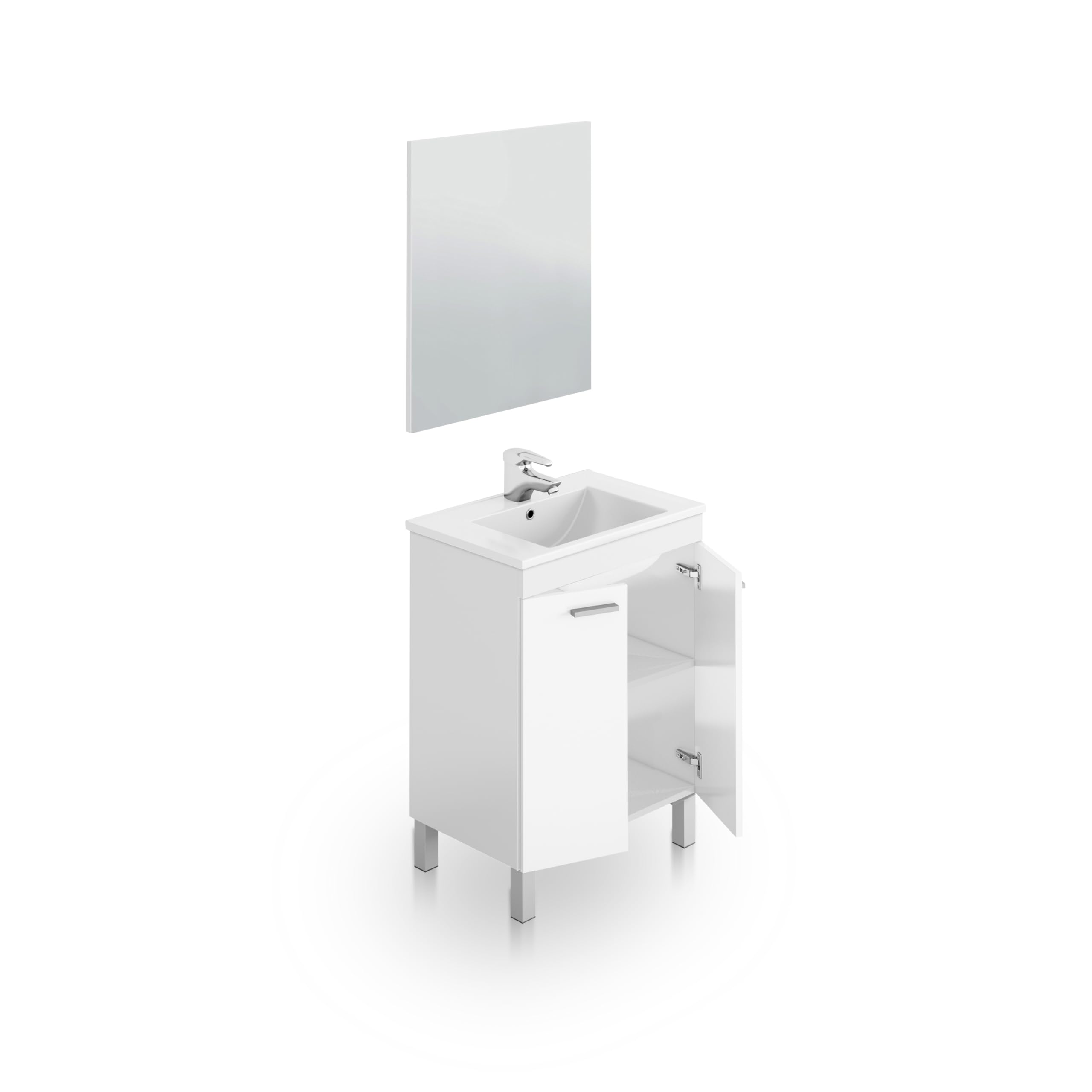 duehome | Mueble de Baño con 2 Puertas y Espejo, Modulo Baño, Modelo Liz, Acabado en Blanco Brillo, Medidas: 60 cm (Ancho) x 80 cm (Alto) x 45 cm (Fondo)
