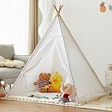 6 Pack Teepee Tent for Kids Slumber Party, Cotton Canvas Playhouse Sleepover Tent with Pompom for Girls & Boys Movie Night Supplies (White)