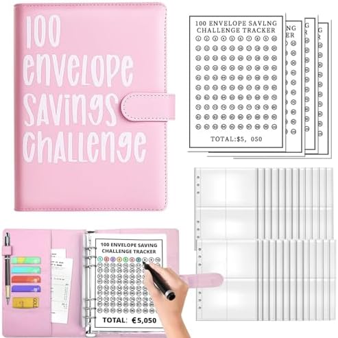 Zasvec Classeur Budget A5 Rose – Kit 100 Jours Épargne + 25 Enveloppes + Planner – Challenge Économies 5050 €