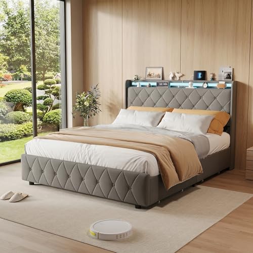 SUNFECILI Cama con cajones de 140 x 200 cm con LED y USB, cama doble tapizada con 4 cajones, cabecero con espacio de almacenamiento, cama de almacenamiento con somier, moderna cama juvenil funcional