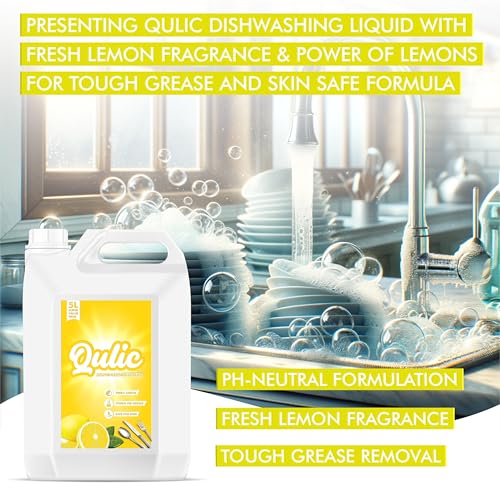 Image of Qulic Dishwash Liquid Gel 5 Liter Refill Pack, With Fresh Lemon Fragrance, Tough on Grease, Gentle on Hands, Dish Wash Liquid Kitchen Soap - 5 L