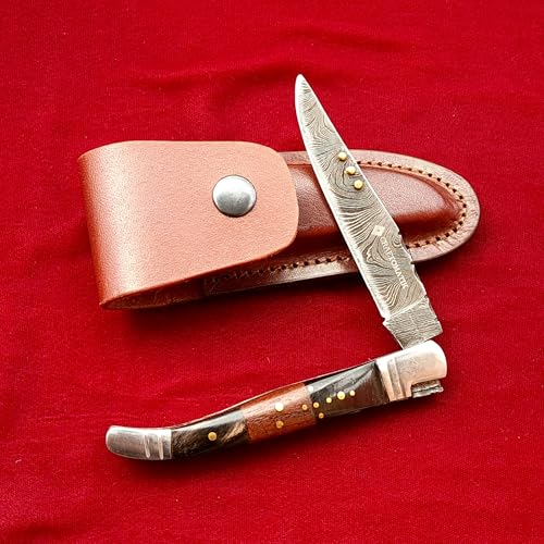 CRAFTOMATIK Damast Stahl Taschenmesser | Klappmesser Laguiole | Büffelhorn Rosenholz Edelstahl Messing Stiften Griff | Handgefertigt Outdoor Damastmesser Camping Messer | FK25