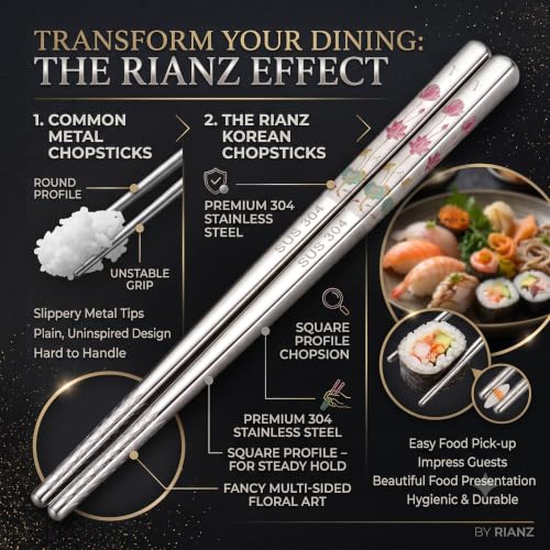 Image of RIANZ Metal Chopsticks Reusable Dishwasher Safe, Chinese Japanese Korean 316 Stainless Steel Chopstick, Square Fancy Color Laser Engraved Chopstick for Cooking Eating, Non-Slip 1 Pair (Style 3)