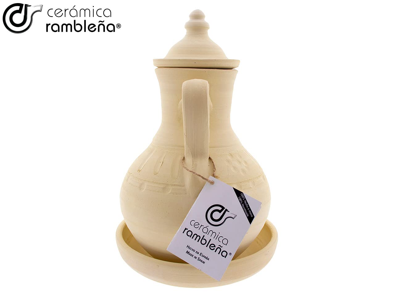CERÁMICA RAMBLEÑA | Jarro de Agua en Barro Tradicional | Jarra de Agua de La Rambla (Córdoba) | 100% Hecho a Mano | 2.5 litros | Eco | Plato Incluido