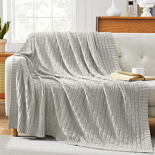 Image of TREELY 100% Cotton Knitted Throw Blanket 50 x 60 Inches, Light Grey