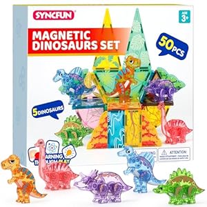 SYNCFUN Magnetic Tiles Jungle Animal Set for Kids, 50PCS Magnet Buliding Blocks Tiles 5 Dinosaur, Learning Educational STEM Construction Toys for Boys Girls Ages 3-8, Xmas Birthday Gift for Toddlers