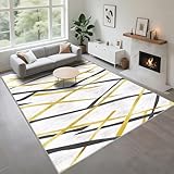 Kunsen Bettumrandung Teppich Weich Ohne Zu Verblassen grau 120x200cm, Moderne goldene Streifenmuster für das Wohnzimmer