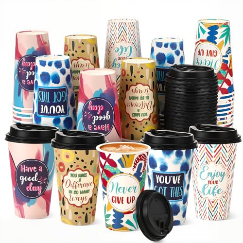 Ovveroche 50 Pack 16 oz Disposable Coffee Cup with Lids Colorful Geometric