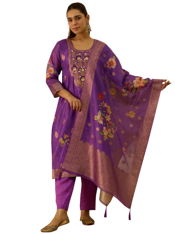 Image of VredeVogel Women's Embroidered Chanderi Silk Jacquard Straight Kurta Pant Set with Dupatta | Perfect for Festive & Casual Ethnic Wear Kurta Set