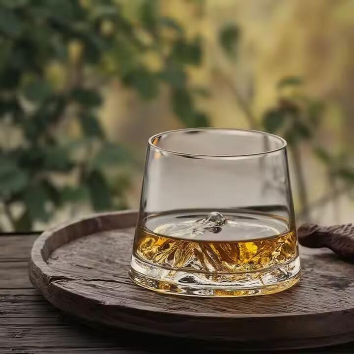 Image of Premium Mountain Base Whiskey Glass Set of 4, 230ml Crystal Tumblers for Bourbon, Scotch & Cocktails (4, Everest)
