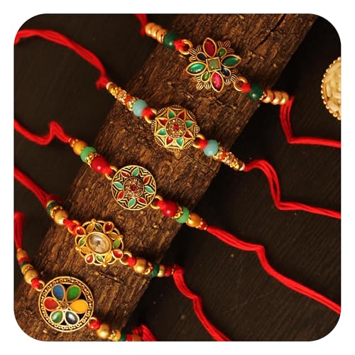 Image of TIED RIBBONS Rakhi for Brother Combo - Set of 5 Kundan Floral Rakhi for Brother Bhaiya Kids Boys Men Bhai with Tikka - Rakhi's for Rakshabandhan