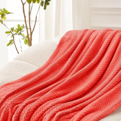 Exclusivo Mezcla Fleece Throw Blanket Extra Large, Super Soft and Warm Blankets for Couch, Sofa and Bed Waffle Textured, Cozy, Fuzzy and Lightweight (Coral Orange, 50x70 Inches) - Thumbnail 3