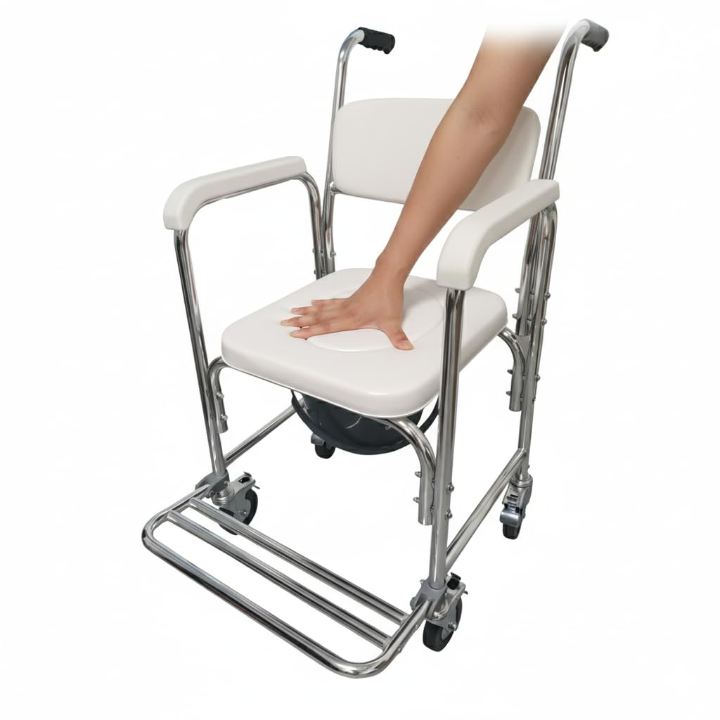 Silla de aluminio con inodoro y ruedas para WC y ducha | Reposapies Abatible y Bloqueo de las 4 Ruedas | Se Ajusta encima de casi todos los WC