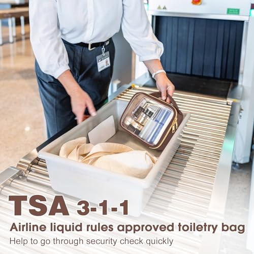 Image of Wedama TSA Approved Toiletry Bag, 3 Pack Clear Makeup Bags with Handles, Quart Size PVC Clear Cosmetic Bags for Women and Men, Carry on Airport Airline Compliant Bag, Brown