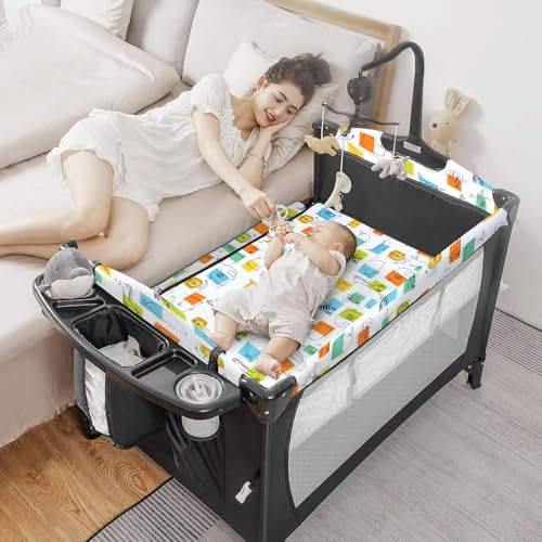 Image of 5-in-1 Pack and Play, Baby Bassinet Bedside Sleeper with U-Shaped Diaper Changer, Portable Toddler Playard for Newborn Toddlers, Baby Crib with 4 Adjustable Height, Carry Bag,Easy to Install (Cartoon)