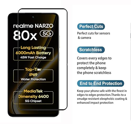 Image of Tempered Glass Screen Protector Compatible For Realme Narzo 80x (6.72 Inch) Black Cellphone With Edge To Edge Coverage And Easy Installation Kit