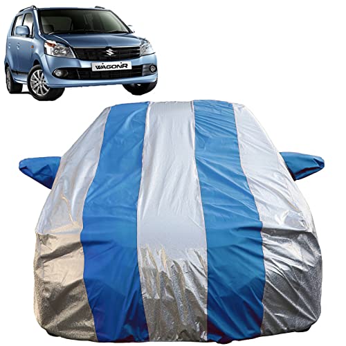 Image of Autofact Waterproof Car Body Cover Compatible with Maruti Wagon r /Wagonr (1999 to 2018) with Mirror Pockets (Blue Stripes with Shinning Silver Fabric /Waterproof Cover)