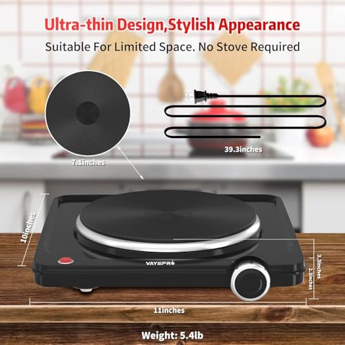 Image of Vayepro 1500W Hot Plate, Portable Electric Stove, Single Electirc Cooktop, Portable Burner for Cooking, Cooktop for Dorm Office Home Camp, UL Listed, Compatible with All Cookware