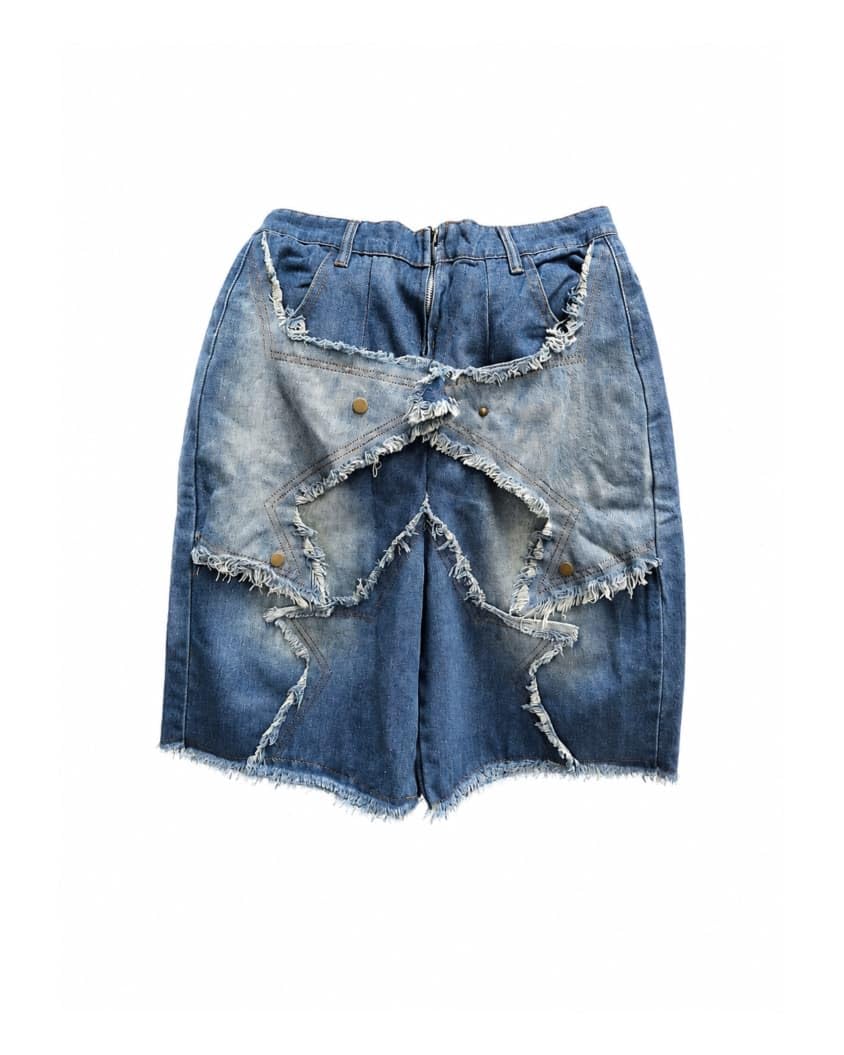 unipandaa Distressed Denim Shorts, Blue, Star Patch Frayed Edges, Zip Closure, Washed Finish-picture-24