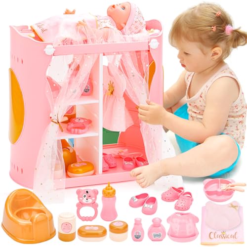 deAO Set Bambola con Armadio, Bambola 30 cm con Vestiti, Guardaroba e 15 Accessori Giocattolo Educativo per Bambine,...