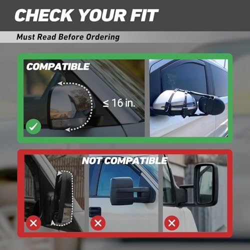 Image of MG91 Dual-Arm Towing Mirrors for Trucks, SUVs, RVs & Trailers | Fluorescent Green finish with two securing straps and a rubber strap to help reduce vibration and keep mirrors steady.