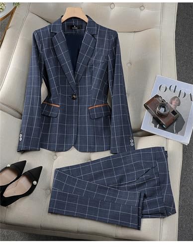 Women Elegant Office Pant Suits Set 2 Pcs Plaid Professional Interview Work Business Blazer Jacket Pant Set2