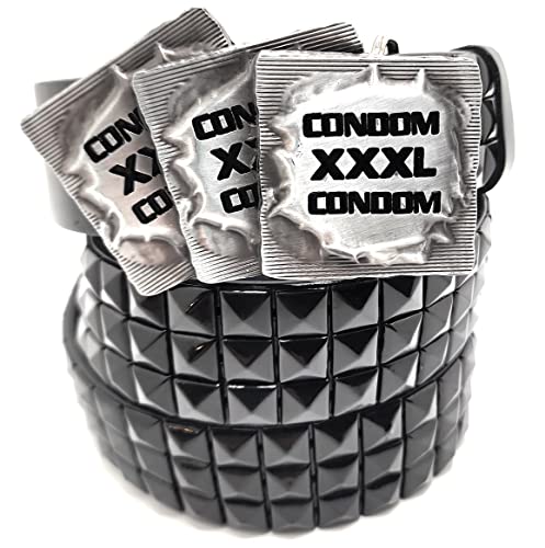 XXXL CONDOMS Belt Buckle and Pyramid Studded Belt