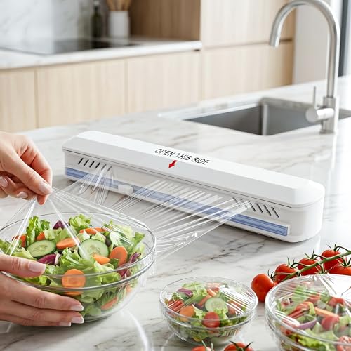 Image of Foil Paper Cutter and Holder Aluminium Foil and Plastic Wrap Organizer with Paper Towel Holder Compatible with Cling Film Tin Foil and Wax Paper Plastic Wrap Dispenser Cutter (White, Single Layer)